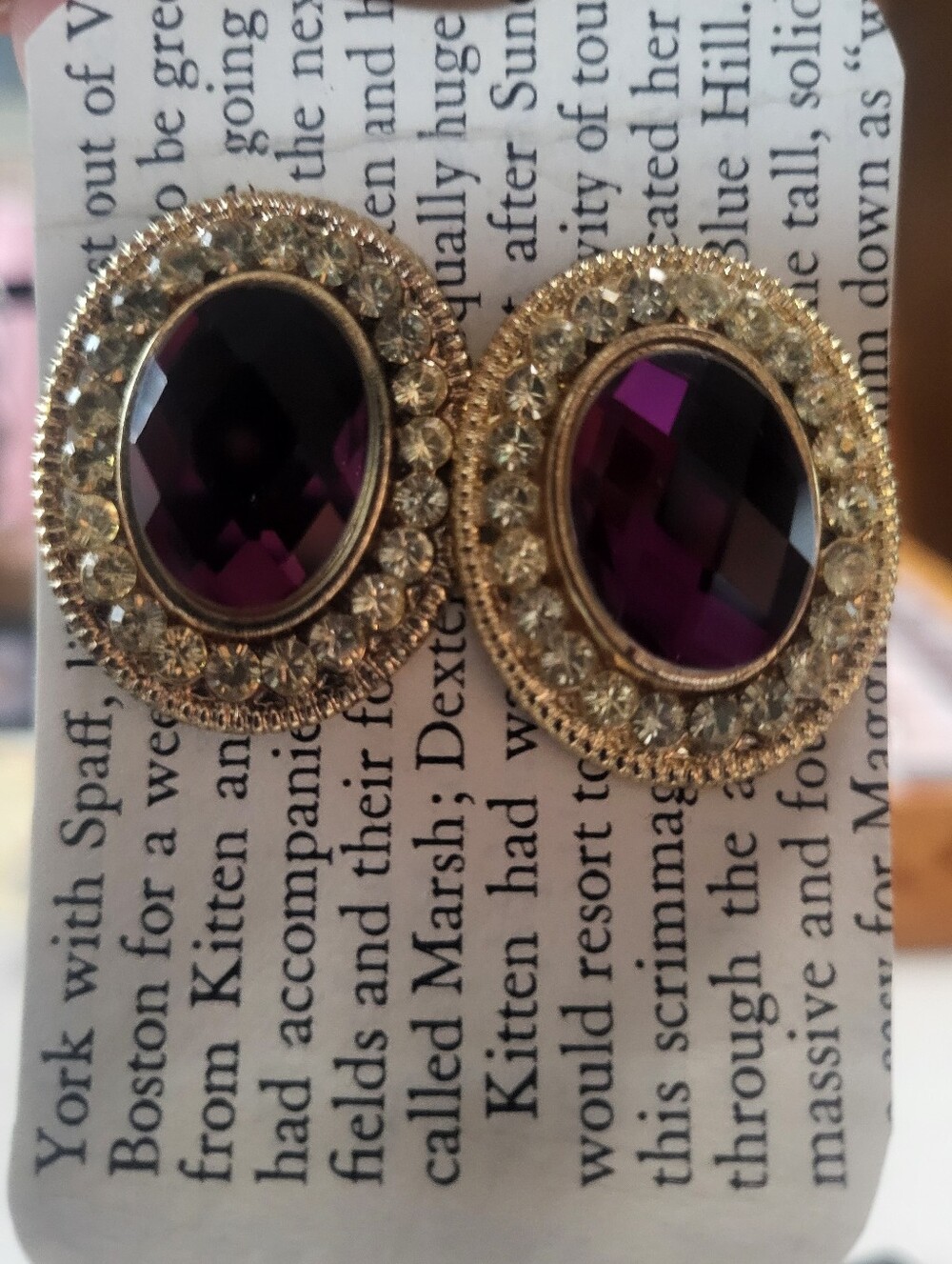 Vintage Deep Purple Statement Stud Earrings Gold Textured Back Rhinestone Halo